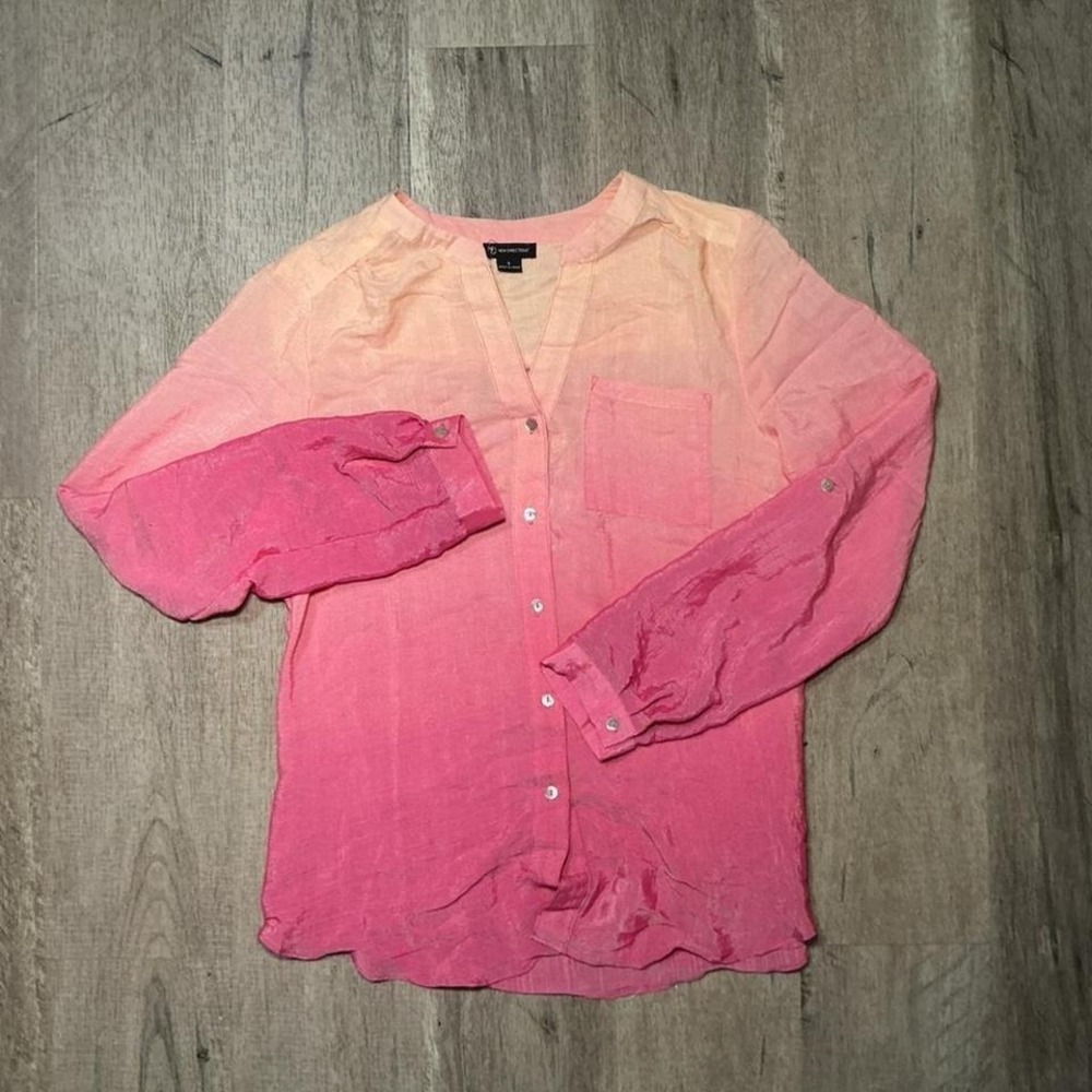 New Directions Pink Linen Button-Up Shirt V-Neck Casual Lightweight Size‎ S